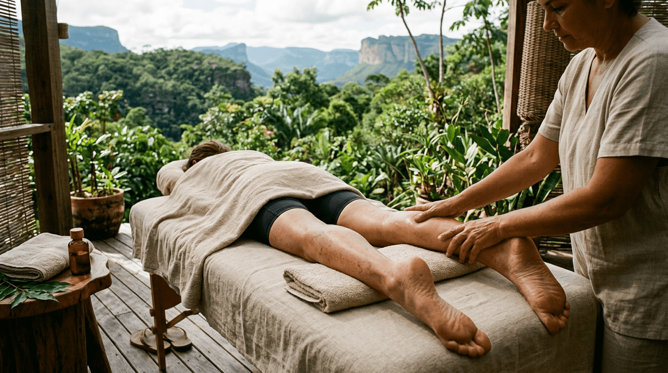 Massagem terapêutica nas pernas de um viajante após a trilha, em um deck cercado de vegetação