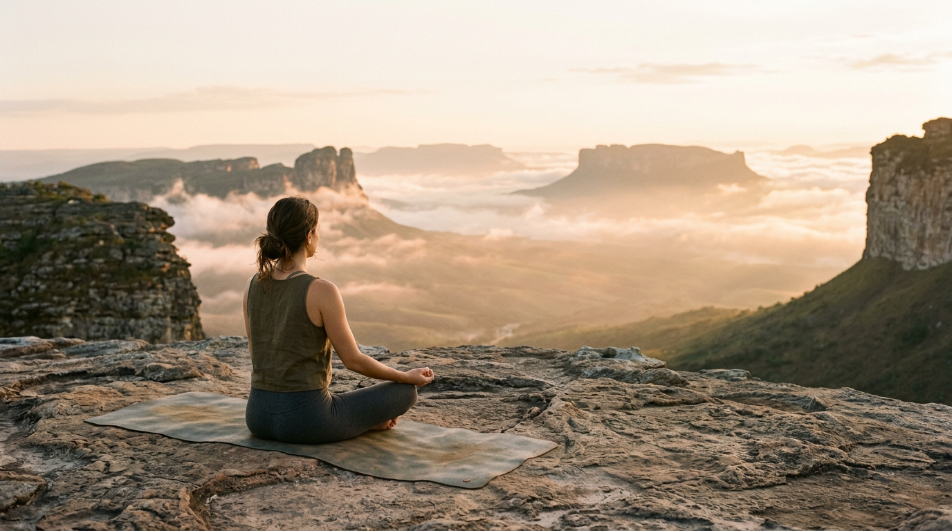 Prática de yoga ao nascer do sol sobre um platô com morros de topo plano ao fundo