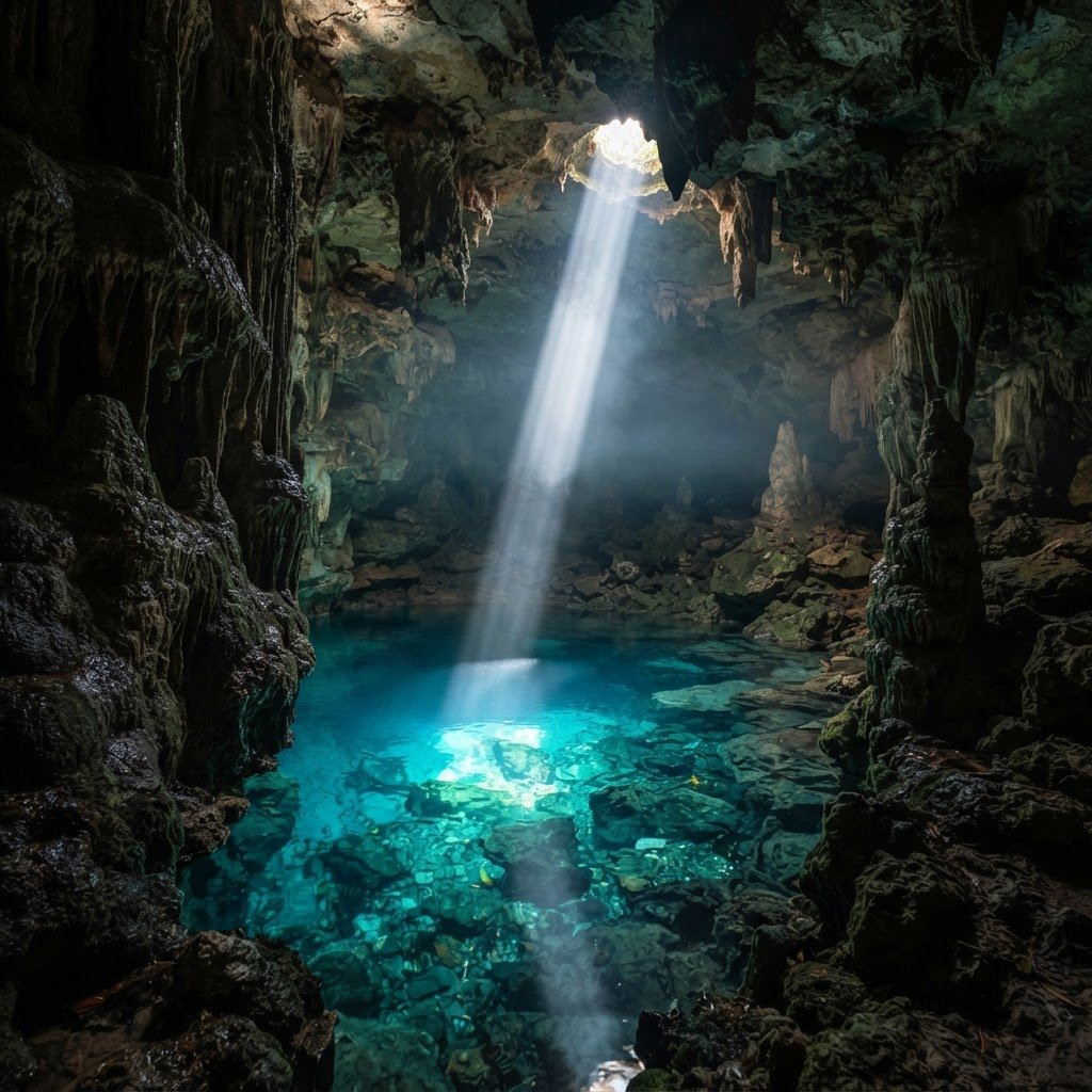 Águas azul-turquesa de um poço iluminado na Chapada Diamantina