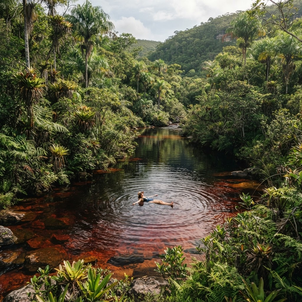 Rio de águas transparentes serpenteando pela vegetação