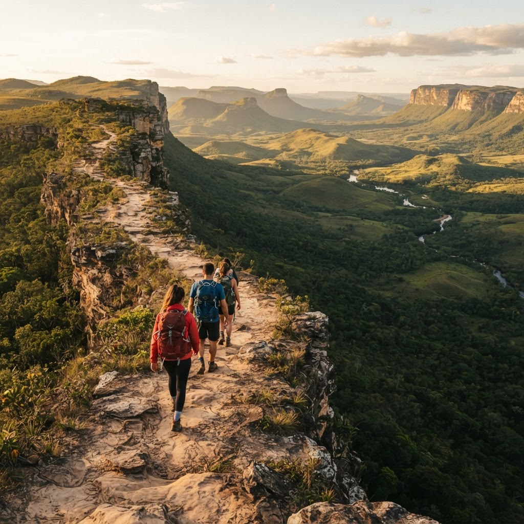 Trekkers caminhando por um platô ao amanhecer